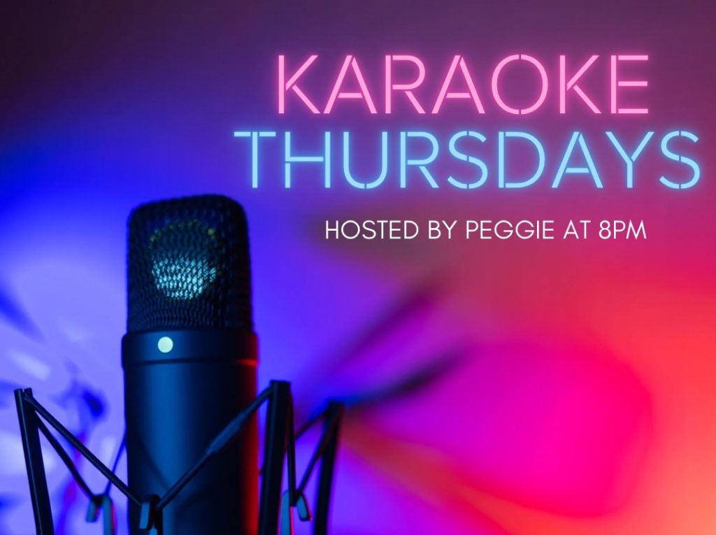 Advertisement for Karaoke Thursdays at La Casa del Camino featuring a microphone lit with the neon glow of a stage lights.